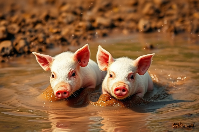 Capture a playful scene of two piglets splashing in muddy water, use a Canon EOS R5, 35mm lens, aperture f/4, ISO 200, shutter speed 1/250s, natural lighting, shallow depth of field for a soft background, vibrant colors to enhance the joyful atmosphere.