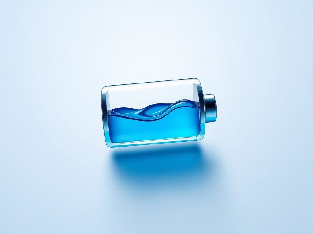 Create a high-resolution digital illustration of a battery icon filled with blue liquid, in a minimalistic style, using a 50mm lens, f/2.8 aperture, and 1/100s shutter speed for sharp details, with a soft-focus background to enhance the subject.