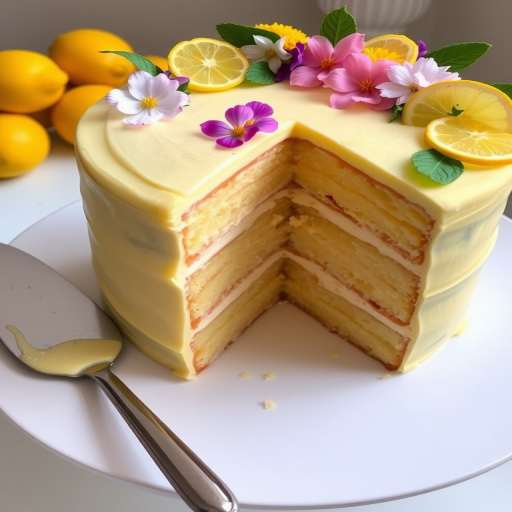 A three-layer lemon cake decorated with edible flowers and lemon slices on a white plate with a silver cake server beside it. The cake is light yellow with a smooth icing and has a slice cut out to reveal the layered interior.