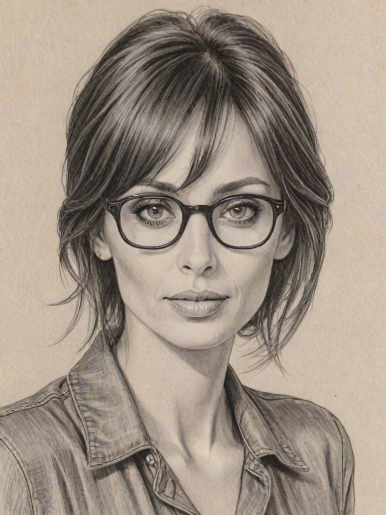 Enticing Natalie Imbruglia, pencil sketch, portrait of Delightful woman 1973s in glasses, hair style beatnik, outline, clear lines, fine lines, 8k