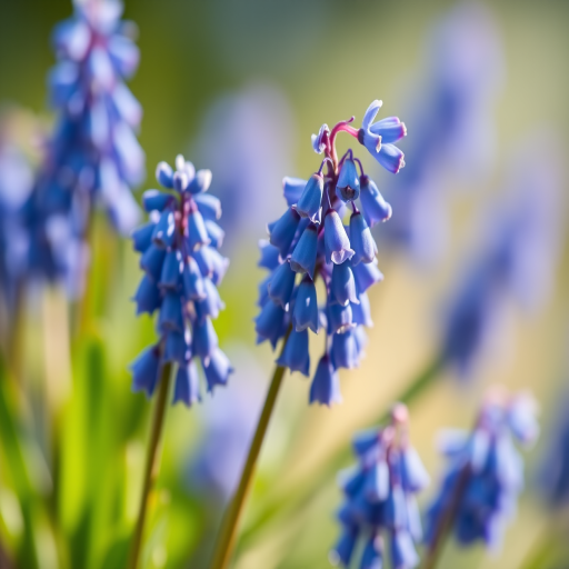 macro shot of blue grape hyacinth flowers with a soft background, aperture f/2.8, shutter speed 1/200 sec, ISO 100, 50mm lens, shallow depth of field, natural lighting