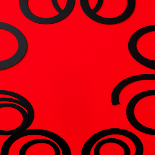 Create a high-resolution abstract pattern with bold black looped lines on a vibrant red background using a DSLR camera with a 50mm lens at f/1.8, ISO 100, and a balanced exposure, focusing on a top-down view to enhance depth and clarity.