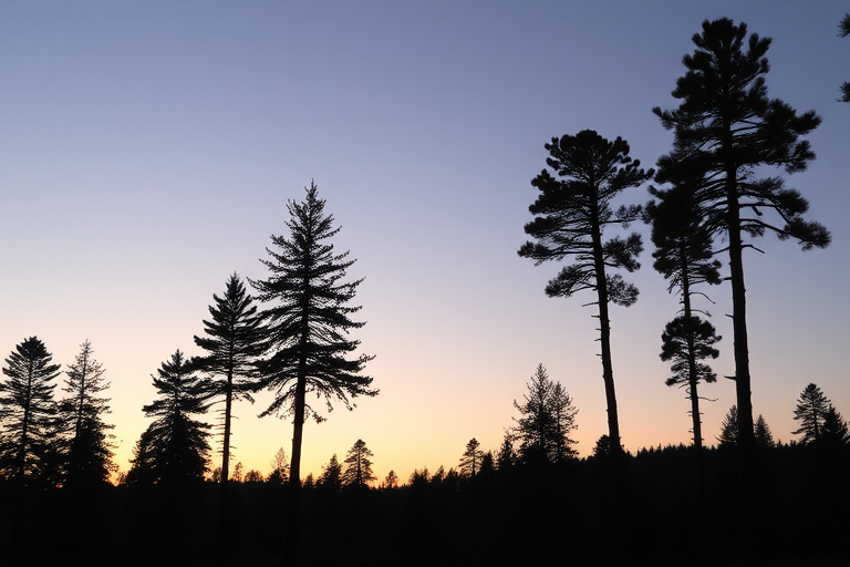 Create a serene forest landscape at dawn with silhouettes of pine trees against a gradient sky, using a DSLR camera with a wide-angle lens, aperture set to f/8 for sharp depth of field, ISO 100 for minimal noise, and a soft-focus filter for a dreamy effect.