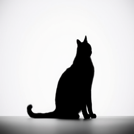 Generate an image of a simple black silhouette of a cat sitting, using a DSLR camera with an aperture of f/2.8, ISO 100, a focal length of 50mm, shot from a low angle view, in a minimalist style, against a soft gradient background for enhanced contrast and clarity.