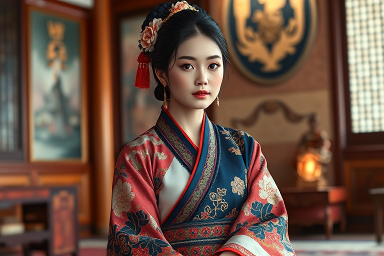 A beautiful Ryukyuan woman in traditional East Asian attire, intricately detailed with embroidered patterns, sitting gracefully in a richly decorated room, soft ambient lighting, serene and elegant, ultra-realistic, 8K resolution