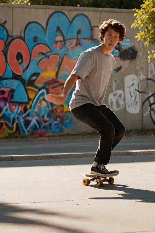 Blurry action shot of a skateboarder performing a trick in an urban park, graffiti-covered walls in the background, sunlight casting long shadows on the pavement, other skaters watching from the sidelines, soft sound of wheels on concrete filling the air.