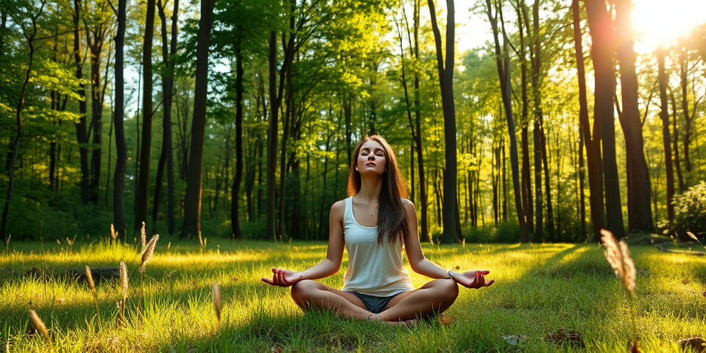 Peaceful forest clearing at midday, sunlight filtering through the trees, a woman sits cross-legged on the grass, her eyes closed as she meditates, the sounds of nature all around her.