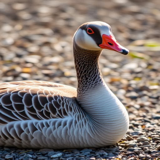 Capture a close-up of a grey goose resting on a pebbled surface, with soft natural lighting, using a DSLR camera with a 50mm lens, aperture f/2.8, ISO 200, shutter speed 1/200s, in portrait orientation to emphasize the texture of its feathers and the details of its surroundings.