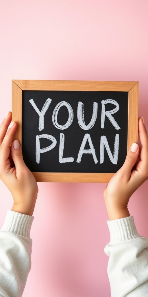 Create an image of two hands holding a framed chalkboard with the words "YOUR PLAN" written in bold, white, playful letters on a soft pastel background, using a DSLR camera with a 50mm lens, aperture set to f/2.8, ISO 100, and captured from a slight overhead angle to enhance clarity and depth.