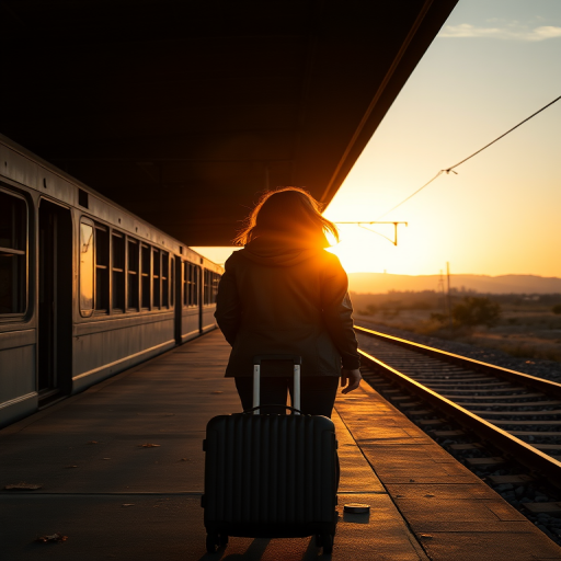 Deserted train station, with the sun setting behind distant hills, a woman in a leather jacket waits on the platform, her suitcase at her feet as the wind rustles the leaves around her.