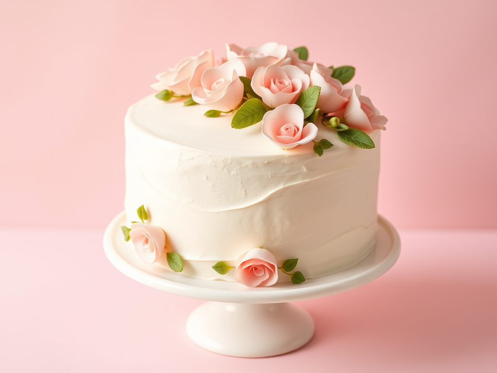 Create an image of a round cake decorated with soft pink flowers and green leaves on a white cake stand with a light pink background. The cake should have a smooth, creamy frosting with intricate floral designs on the top and sides.