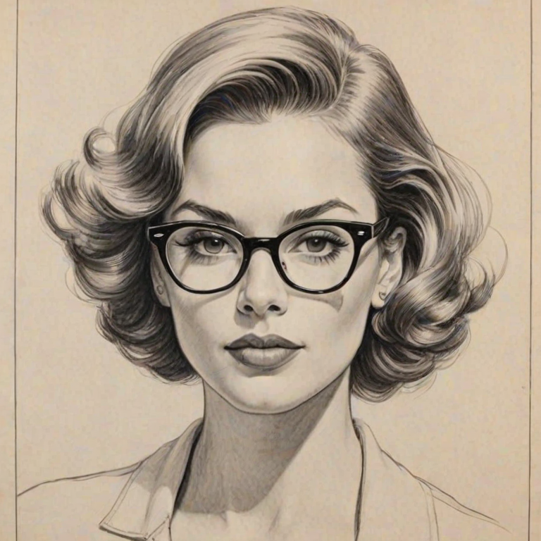 Exquisite Elle Duncan, pencil sketch, portrait of Alluring woman 1955s in glasses, hair style beatnik, outline, clear lines, fine lines, 8k