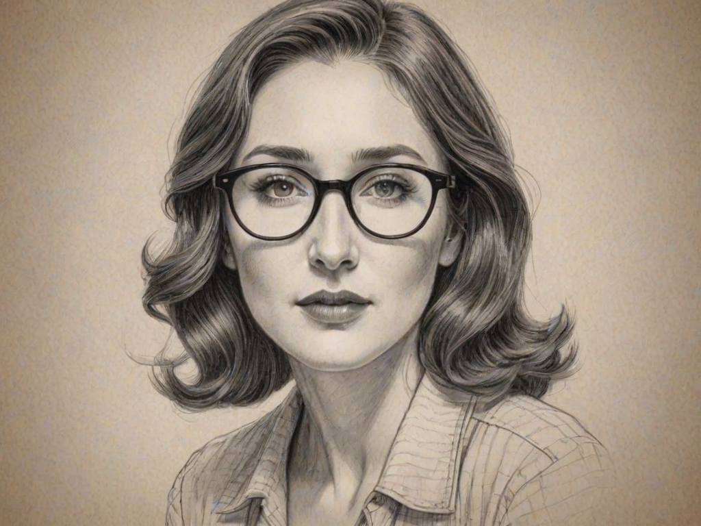 Alluring Carice van Houten, pencil sketch, portrait of Splendid woman 1939s in glasses, hair style beatnik, outline, clear lines, fine lines, 8k