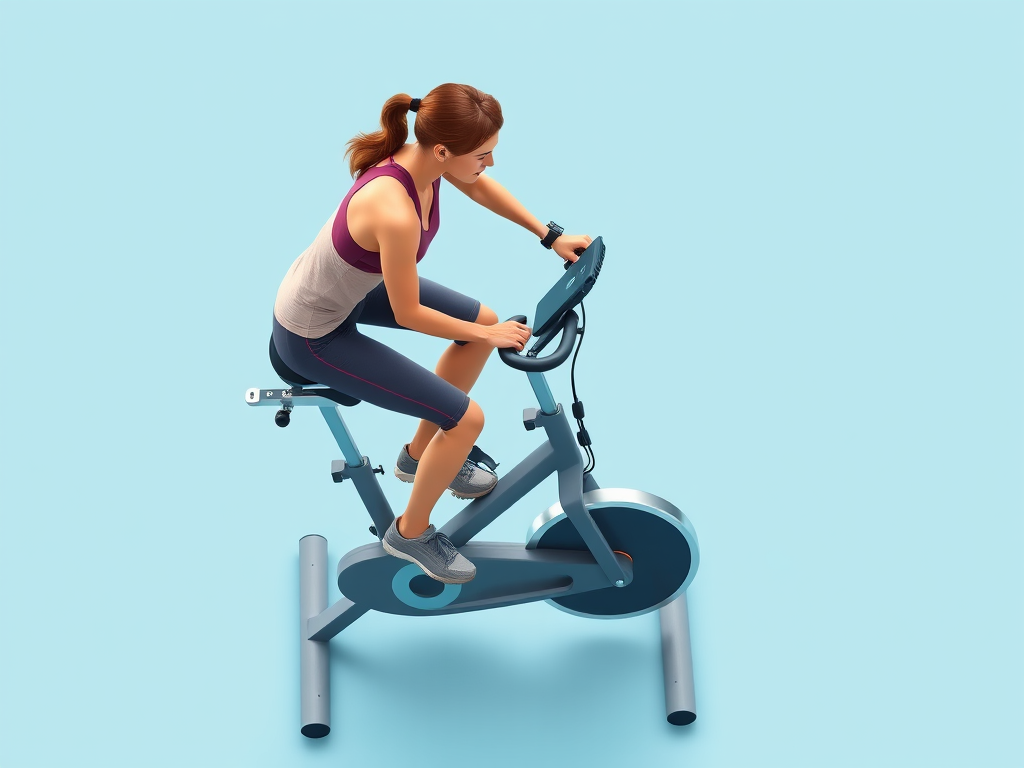 Generate a digital illustration of a person exercising on a stationary bike, with a minimalistic background in solid light blue, using a high-resolution digital camera with a 50mm lens at f/2.8 aperture, studio lighting, and a top-down angle for dynamic perspective.