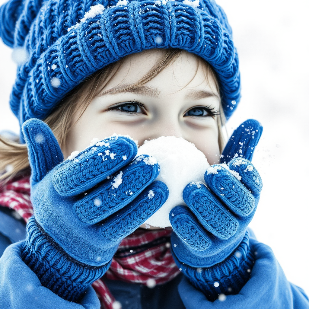 A hyperdetailed photorealistic macro image black and white pencil sketch of a young girl getting hit by a snowball during a snowball fight. She is wearing a brilliant sapphire blue wool beanie and bright blue mittens. She is trying to block the snowball by putting her hands up. The snowball hits her beanie and disintegrates into myriad tiny snowflakes caught with high speed photography. The girl is laughing and having a wonderful time.