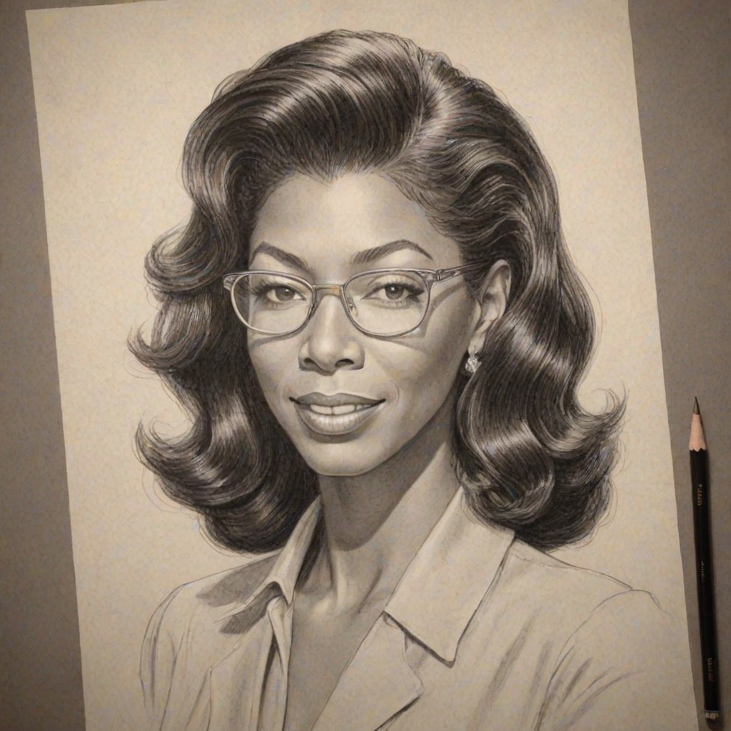 Graceful Natalie Cole, pencil sketch, portrait of Beauteous woman 1941s in glasses, hair style beatnik, outline, clear lines, fine lines, 8k