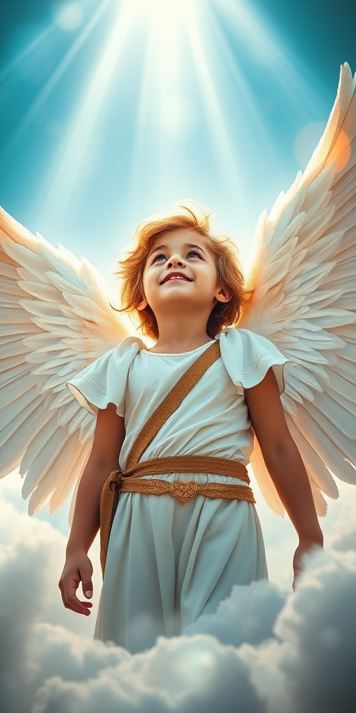 Create an image of a young angelic warrior with magnificent wings, looking upwards in awe, surrounded by clouds and radiant light beams, using a DSLR camera with a 50mm lens, aperture f/1.8, ISO 100, shot in high dynamic range style.