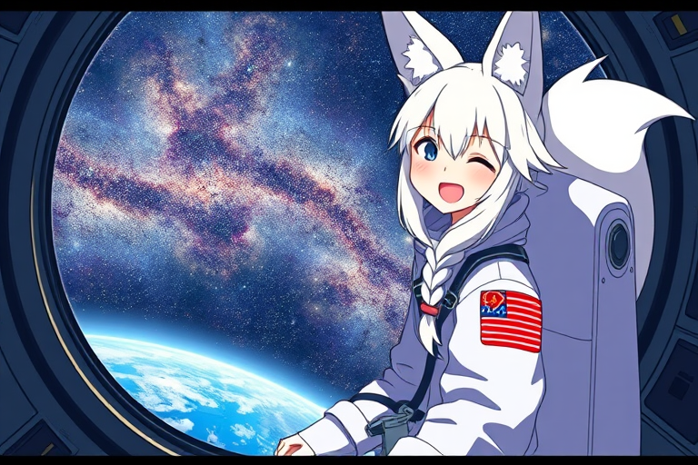 masterpiece, best quality, solo, shirakami fubuki, fox ears, ear piercing, fox tail, long hair, low ponytail, side braid, white hair, ahoge, astronaut suit, dutch angle, wide shot, smile, laughing, window, space station, planet, earth, galaxy, space, universe, star, milky way, nebula