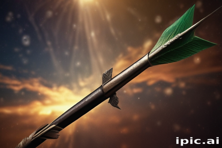An Intricately Designed Arrow Glowing Against a Dramatic Sunset Background