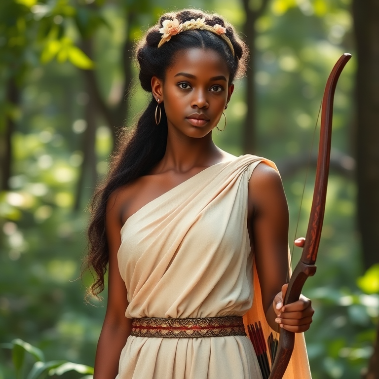 Create a portrait of a goddess-like Fulani girl figure in a tranquil, forested environment. She has an elegant appearance with long, wavy hair styled in an updo and adorned with a delicate, floral headband. She wears a flowing, ancient Greek-inspired gown in a soft, pale color, featuring a one-shoulder design and draped fabric that accentuates her graceful form. The outfit includes a decorative belt with ornate gold detailing, and she holds a bow in her hand, with a quiver of arrows slung over her shoulder. The background depicts lush greenery, with sunlight filtering through the trees, casting a gentle, ethereal light on the scene. Her expression is calm and contemplative, embodying a sense of wisdom and serenity.