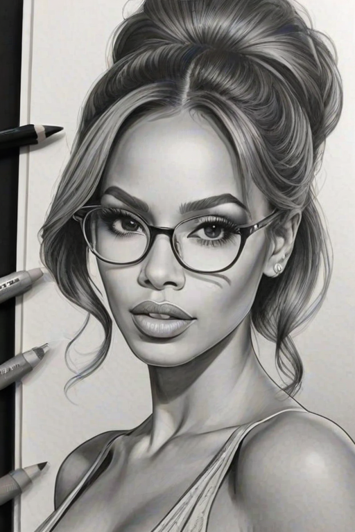 Exquisite Erica Mena, pencil sketch, portrait of Enchanting woman 1967s in glasses, hair style beatnik, outline, clear lines, fine lines, 8k