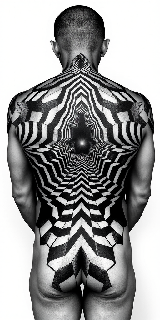 Mesmerizing optical illusion body tattoo covering the entire back, creating a three-dimensional effect with precise linework and shading in stark black and white