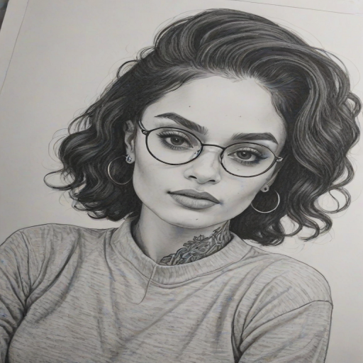 Delightful Kehlani, pencil sketch, portrait of Magnificent woman 1971s in glasses, hair style beatnik, outline, clear lines, fine lines, 8k
