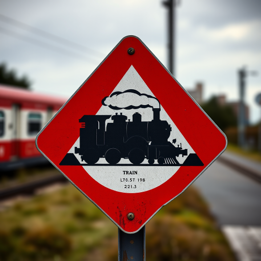 Generate an image of a train warning sign featuring a silhouette of a steam locomotive inside a triangular red border, taken with a DSLR camera at f/8 aperture, ISO 100, 50mm lens, with a high dynamic range and sharp focus.