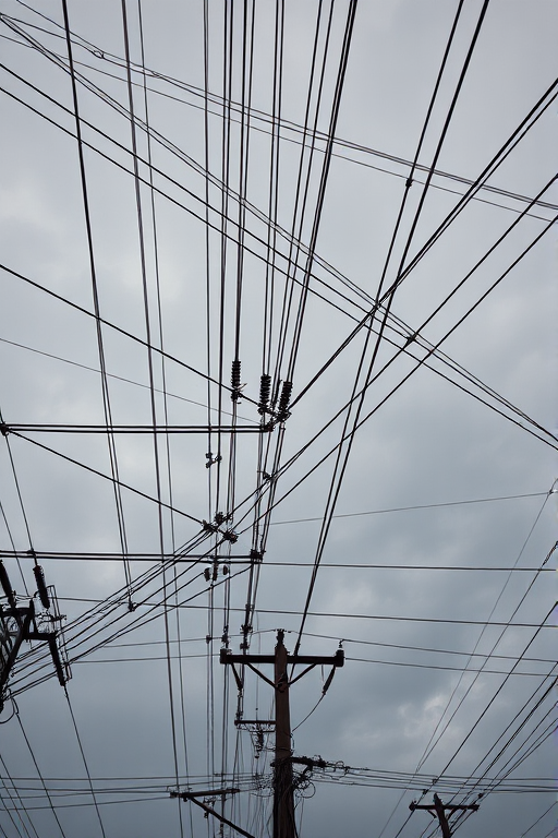 high-resolution image of an intricate network of overhead electric wires and structures, captured with a Canon EOS R5, aperture f/8, ISO 100, shutter speed 1/200s, wide-angle lens, shot from a low angle to emphasize the complexity of the lines against a moody sky.