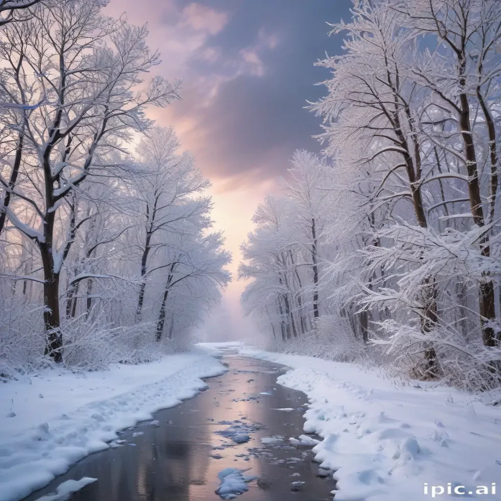 Tranquil Winter Landscape with Snow-Covered Trees and Reflective Stream