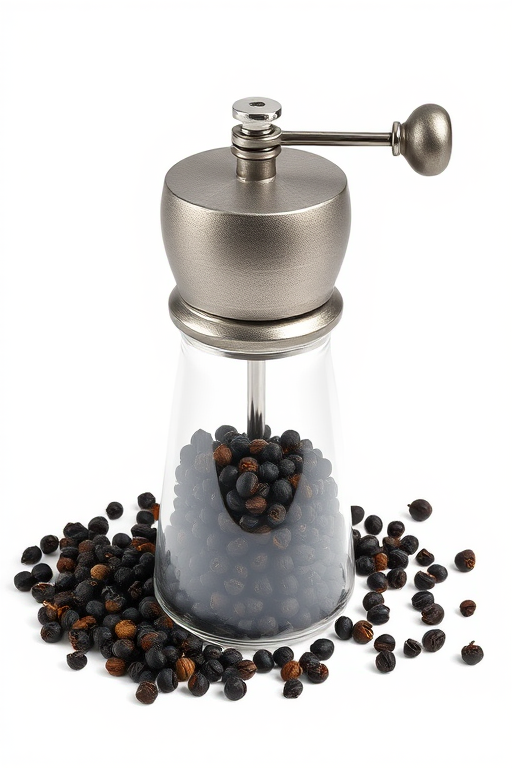 Create a high-resolution illustration of a pepper grinder filled with black peppercorns set against a clean white background, using a Canon EOS R5 camera with a 50mm lens at f/1.8, ISO 100, and a 1/125s shutter speed for enhanced detail and clarity.