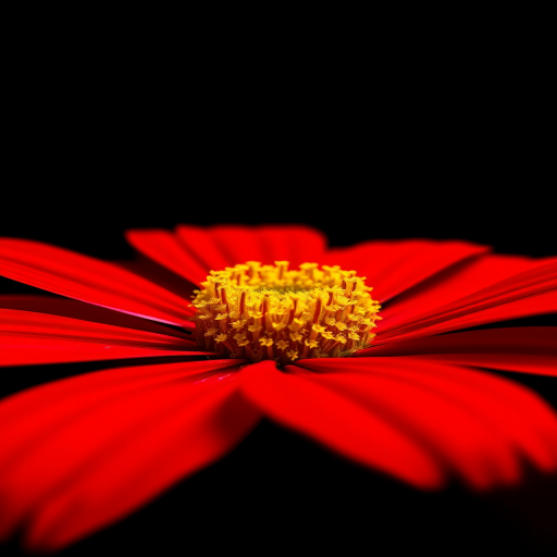 create a highly detailed illustration of a red flower with a yellow center, using a macro lens with a shallow depth of field, aperture set at f/2.8, ISO 100, capturing soft natural light and vibrant colors, with a focus on intricate petal textures against a plain black background