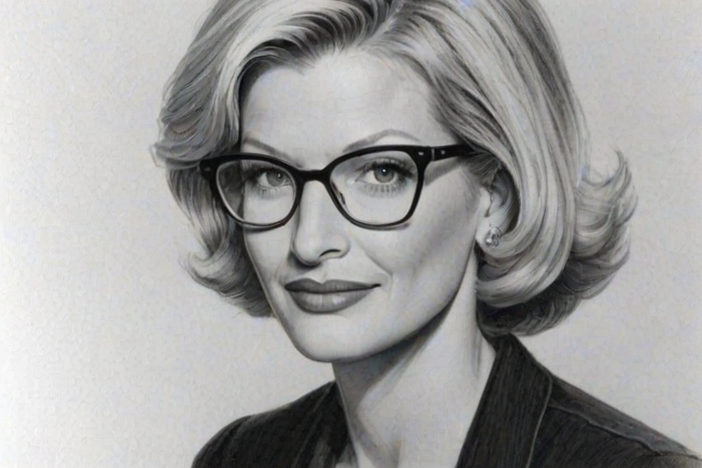 Splendid Diane Sawyer, pencil sketch, portrait of Comely woman 1955s in glasses, hair style beatnik, outline, clear lines, fine lines, 8k
