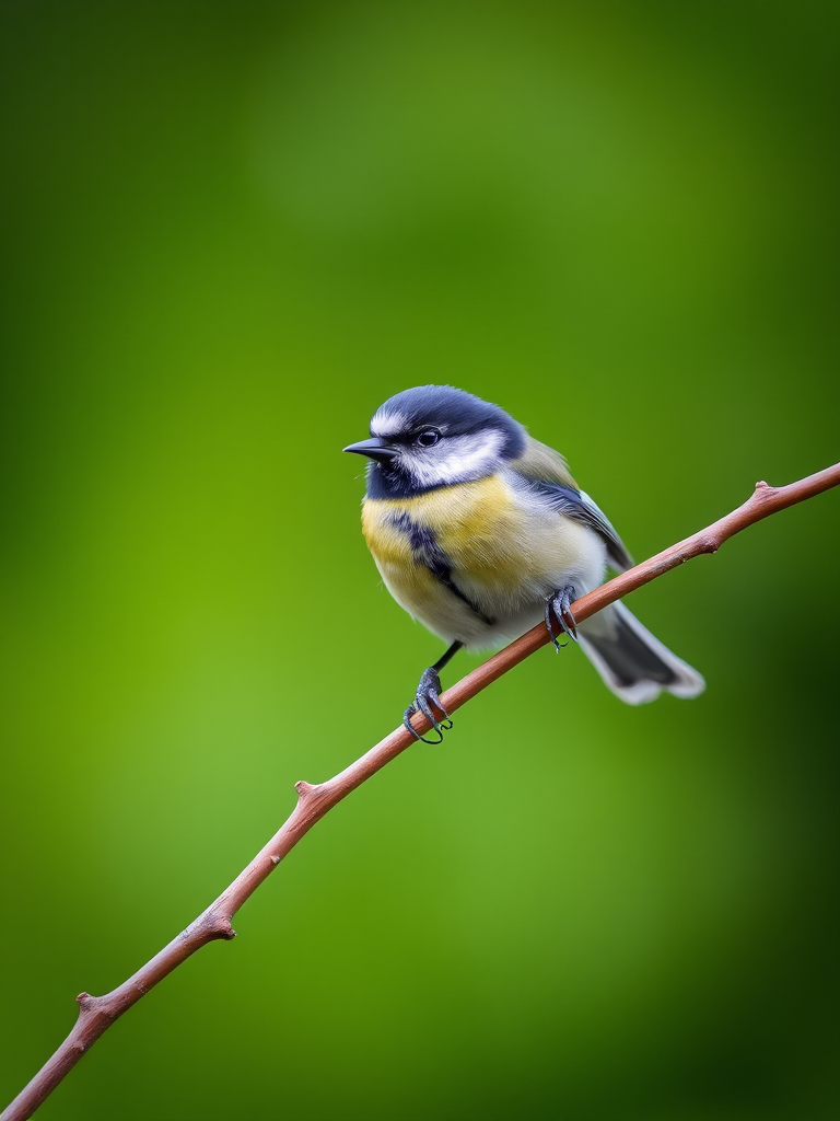 Capture a close-up of a great tit bird perched on a branch against a blurred green background, using a DSLR camera with a 50mm lens, aperture set to f/2.8, shutter speed 1/500s, ISO 200, in natural light for enhanced color depth and sharpness.