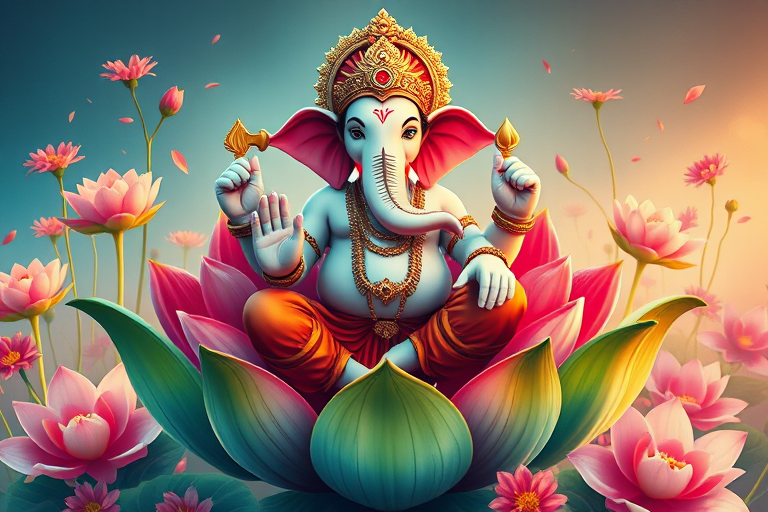 Create a vibrant and detailed illustration of Lord Ganesha seated on a large green lotus, surrounded by blooming flowers, with bright colors and intricate patterns, using a digital art style, high resolution, captured with a Canon EOS R5, 50mm lens at f/1.8, ISO 100, shot in natural light.