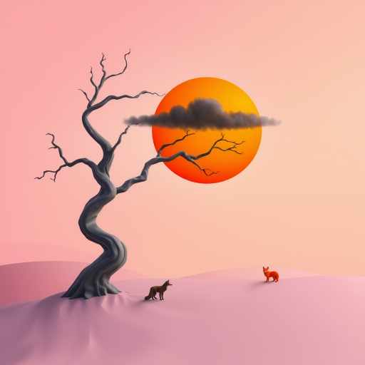3D Geo-abstract landscape pastel muted colours. abstract tree with twisted contorted trunk. round vivid orange opaque sun in sky with single dark cloud. tiny fox. Topaz Look filter applied plus Topaz edge. Generative fill with some objects in PS.