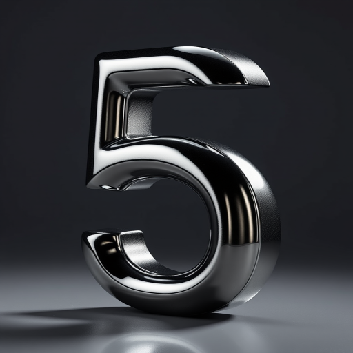 Regenerate a 3D metallic number five with a glossy finish, studio lighting, reflected shadow effect, taken with a Canon EOS R5 at f/2.8, ISO 100, 50mm lens, in portrait orientation.