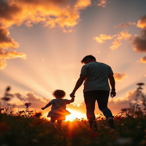 Capture a silhouette of a parent and child holding hands while walking through a field of flowers at sunset, with vibrant clouds and sun rays illuminating the scene, shot with a Canon EOS R5, 50mm lens, f/1.8 aperture, ISO 200, and a low-angle perspective to emphasize the dramatic sky.