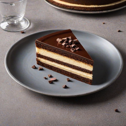 Create an image of a slice of layered cake featuring rich chocolate and creamy filling, presented on a stylish, modern plate with an artistic design. The setting should emphasize the textures and colors of the cake, inviting viewers to appreciate its deliciousness.