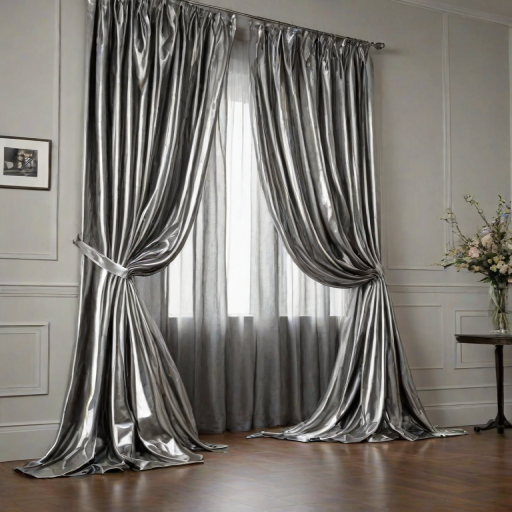 Generate an image of a long, flowing curtain made of shiny silver fabric, draped elegantly and gathered at the top with grommets.