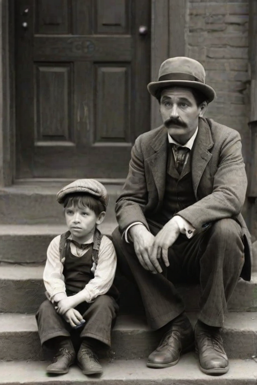 A black-and-white photograph of a man and a child sitting on steps in front of a doorway. The man is dressed as a tramp with a bowler hat, mustache, and ragged clothes, reminiscent of Charlie Chaplin's iconic look. He is sitting with his arms crossed and an expression of slight sadness or frustration. Next to him is a young boy, also in worn clothes and a cap, sitting with his hands clasped, looking thoughtful. The background is an old, textured wall and a partially open door, creating a vintage, early 20th-century atmosphere.