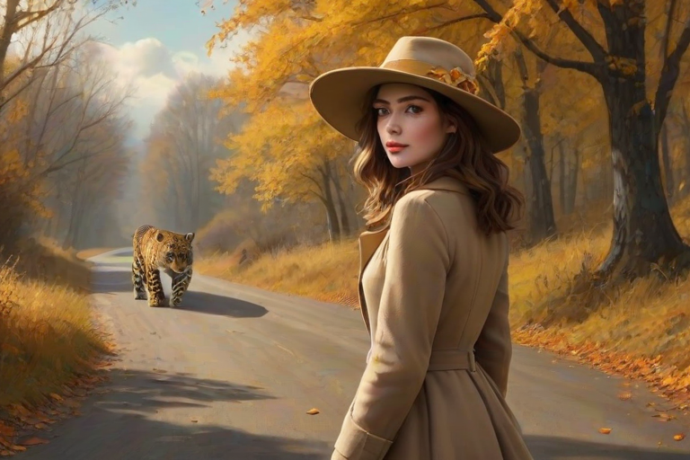 digital art fantasy depicting a strange girl with brown hair, long eyelashes, Yellow lipstick and a tall hat walking along a winding road on an autumn afternoon, an Jaguar smiles as she passes