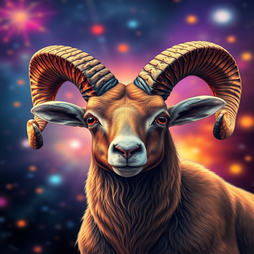 highly detailed illustration of a ram with elaborate horns against a cosmic background, vibrant colors, soft focus with bokeh effects, Canon EOS R5, 85mm f/1.2 lens, ISO 100, aperture f/2.8, shutter speed 1/200s, portrait orientation