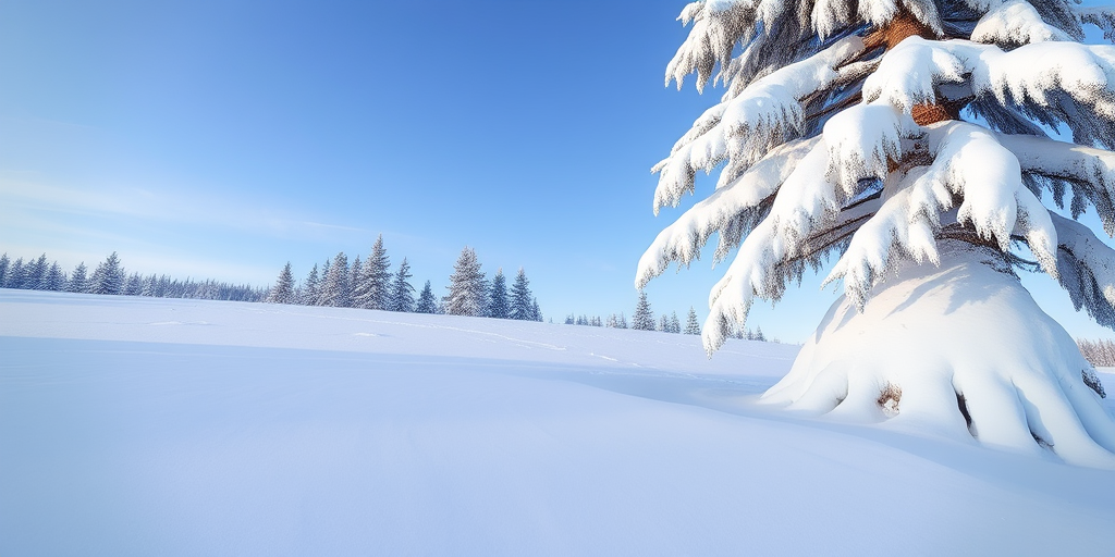 Snow-covered landscape with a large frosted tree on the right, clear blue sky and pine trees in the background, captured with a Canon EOS 5D Mark IV, f/8, 1/200 sec, ISO 100, wide-angle lens at 24mm, in natural light.