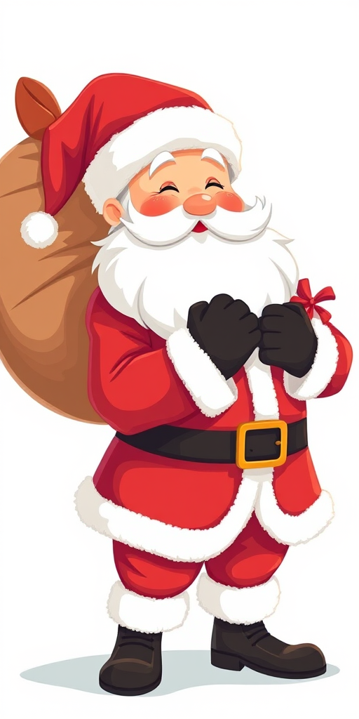Create an illustration of a cheerful Santa Claus with a large bag over his shoulder, full of gifts, in a bright color palette, using a DSLR camera with a 50mm lens, aperture set to f/2.8, ISO 100, and a soft focus background to enhance image quality.