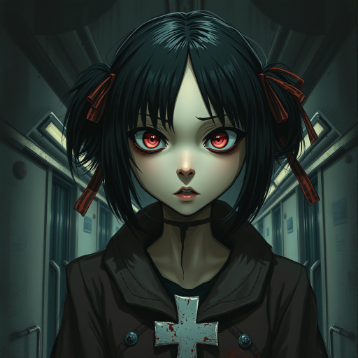 Darkness, horror, creepy, Impressionist Anime painting, metro 2033, disease, mine - type, mass - produced type, cross, slanted eyes, thick coating, twintails, ribbon, black hair, pink eyes, on metro station interior, horror movie atmosphere, dramatic light atmosphere, by Malcolm Liepke, Casey Baugh, jujin ito, and Nick Alm