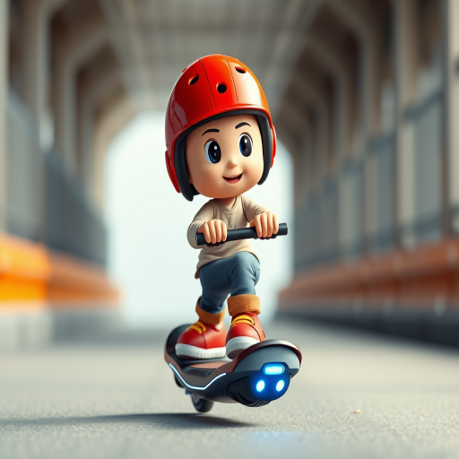Create an image of a 3D cartoon character riding a hoverboard wearing a red helmet, in high resolution, with a perspective view at a 35mm focal length, using a DSLR camera, aperture set to f/4, ISO 100, and a soft focus background.