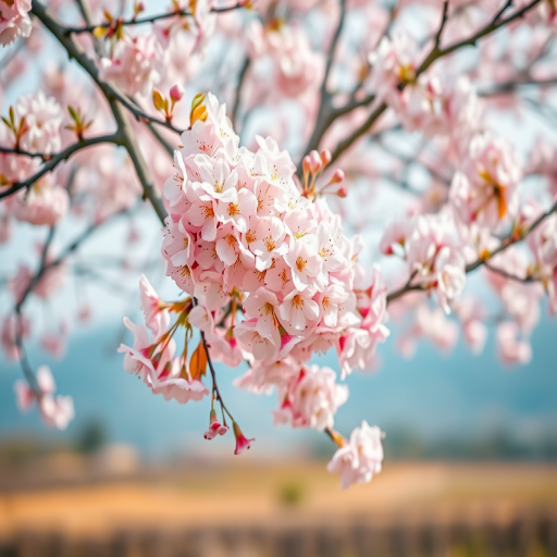 Generate a high-resolution image of a blooming cherry blossom tree in a serene landscape, using a DSLR camera with a 50mm lens, f/1.8 aperture, ISO 100, and a soft focus background for enhanced depth.
