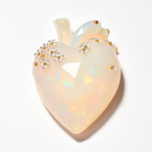 a human heart made of facet cut opal crystal, decorated with small crystal flowers, pastel colors, fine subtle gold details, white background, small drop shadow, beautiful light incidence, prism.