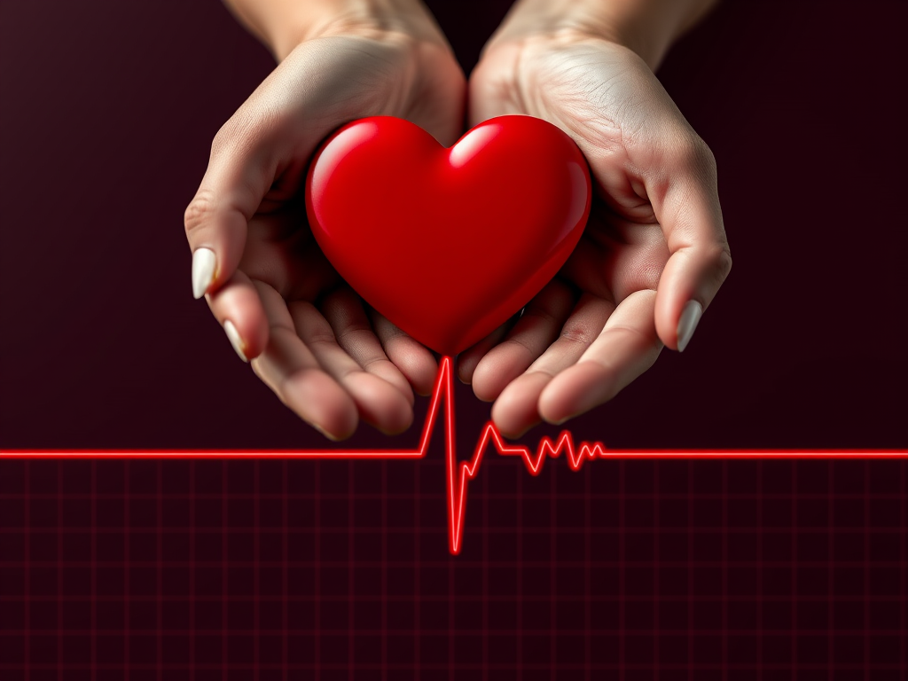 Create an image of two hands holding a red heart shape placed above a red heartbeat line graph, shot from a close-up perspective using a DSLR camera with a 50mm lens at f/1.8, ISO 100, and a shutter speed of 1/200s.